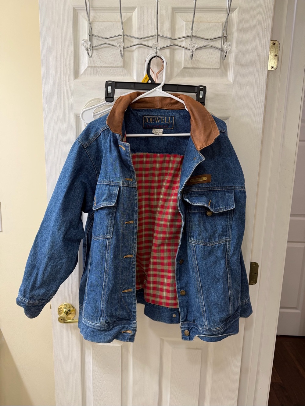 Joe Well Denim Jacket with Genuine Leather and Red Plaid Lining